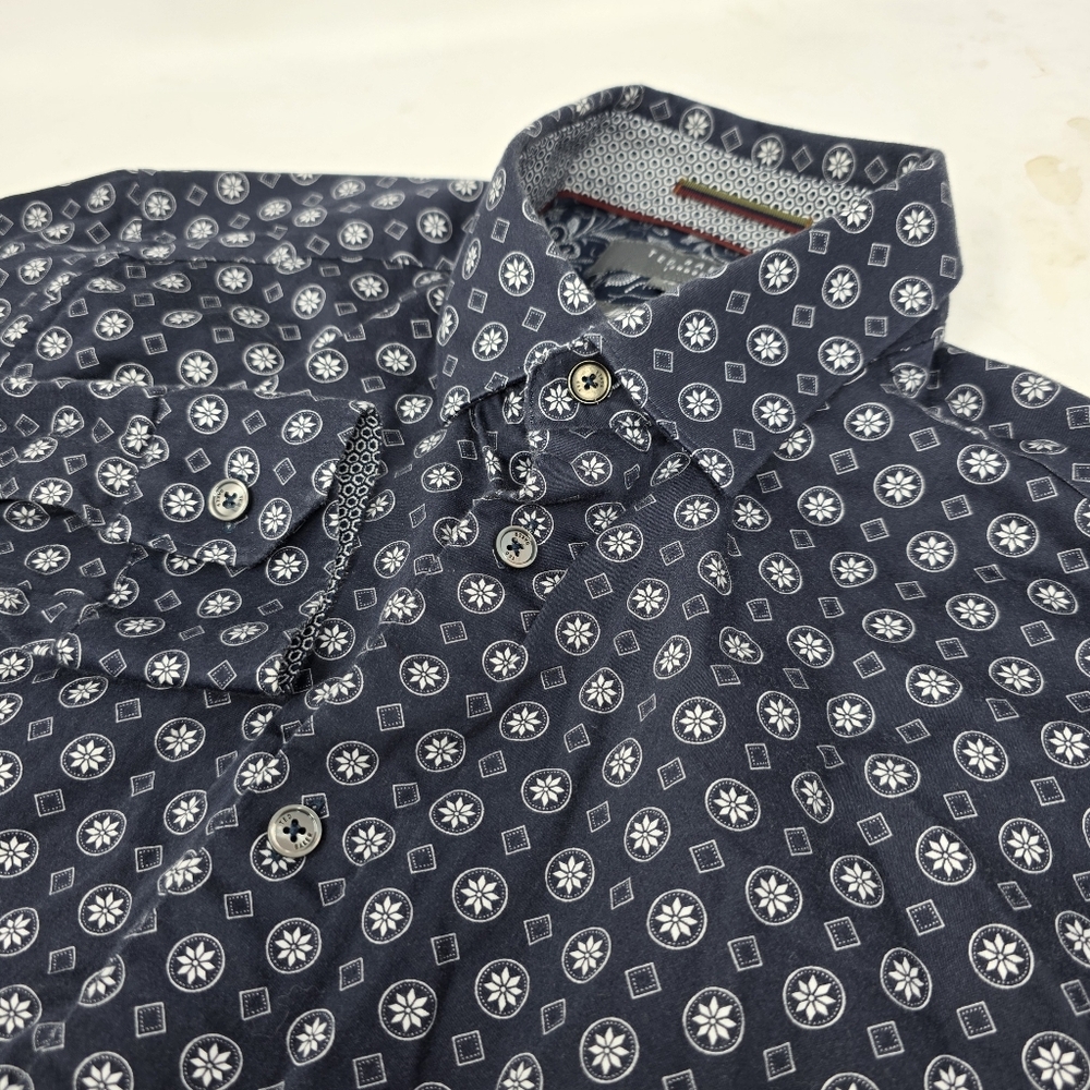Ted Baker‎ London Navy Blue Patterned Long Sleeve Button Down Shirt Men's 15